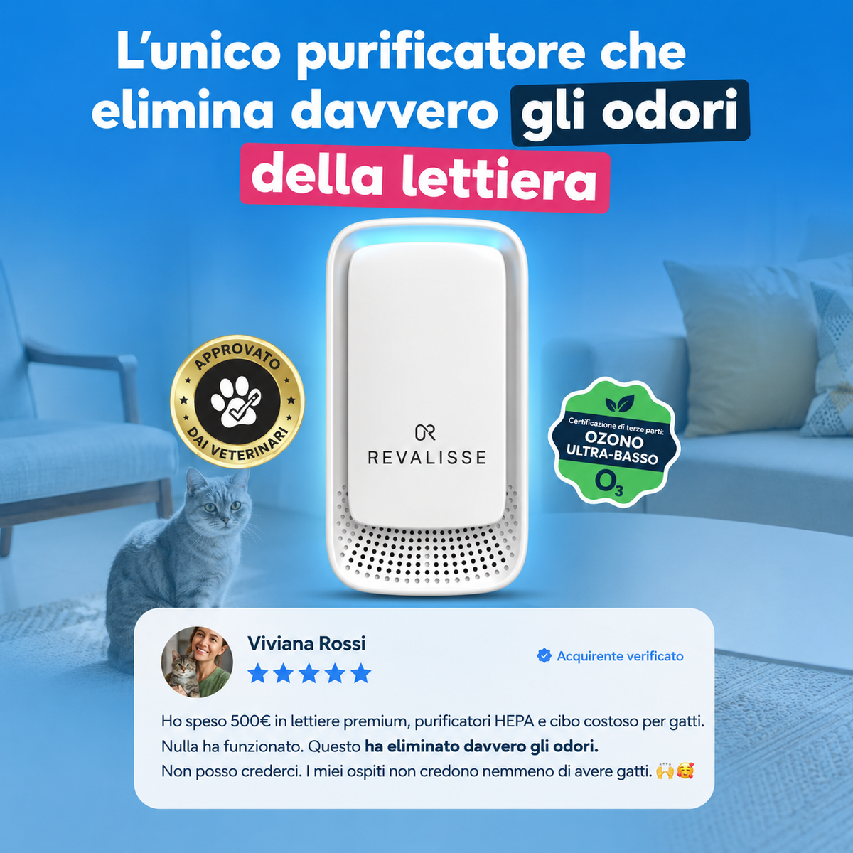 Revalisse™ - Purificatore ionico contro l'odore della lettiera, per un'aria pulita